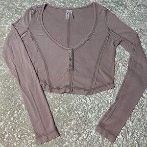 Out from Under Ribbed Long-Sleeve Cropped Henley Top - medium